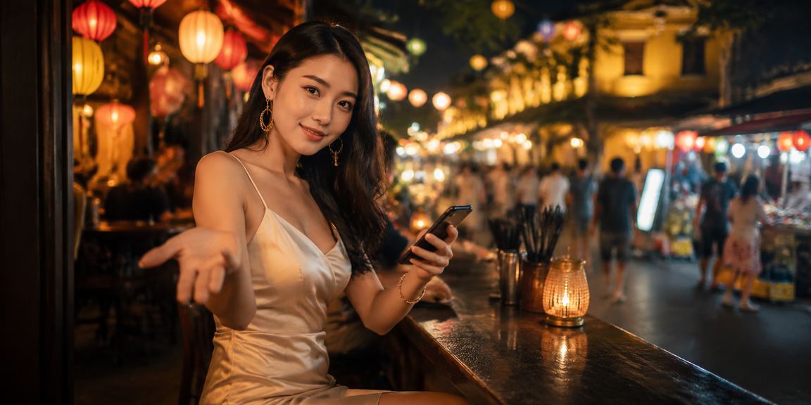 Người dùng truy cập gvn18 trên điện thoại tại chợ đêm Hội An